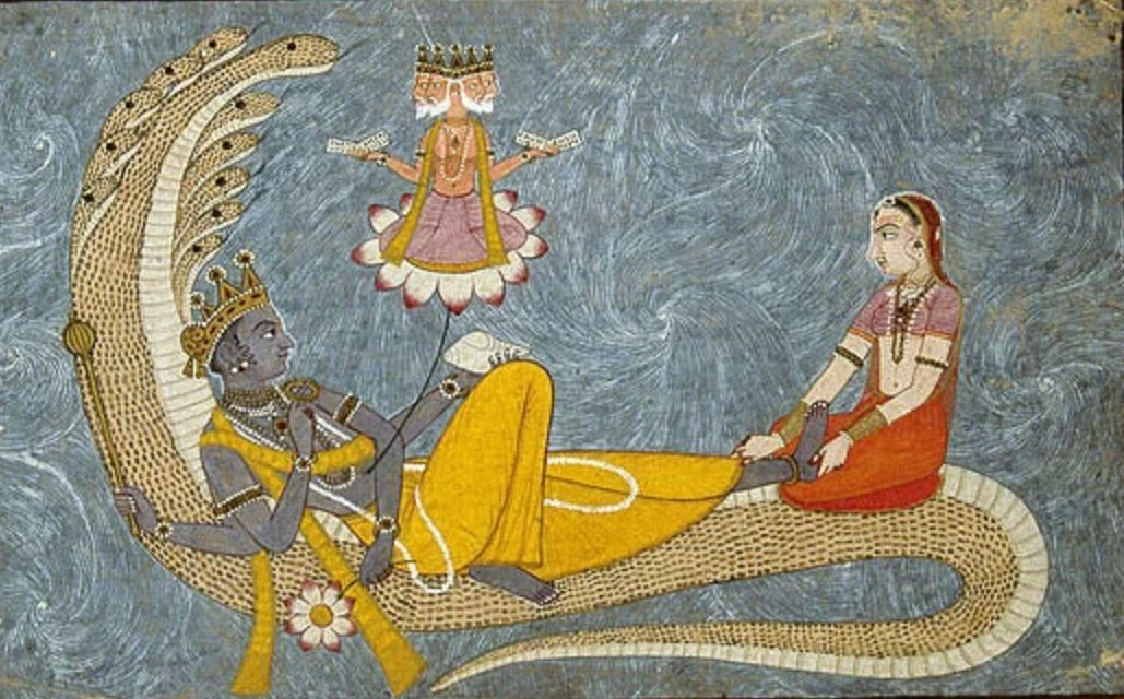 Brahma verschijnt uit de navel van Vishnoe (Publiek Domein - wiki)