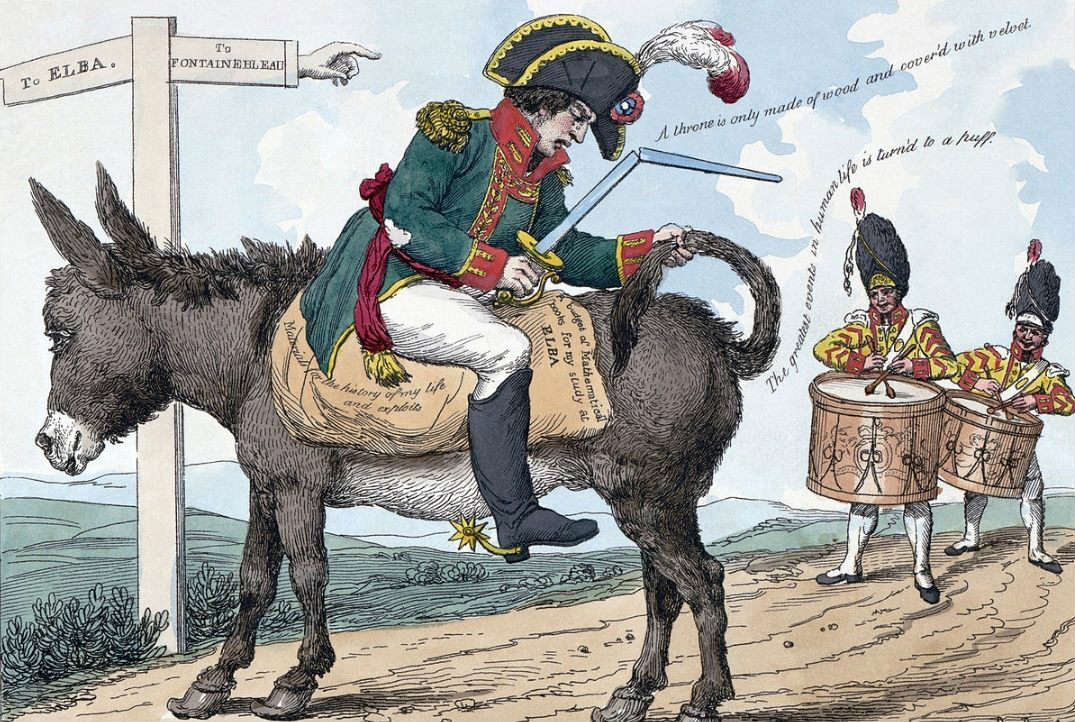 Spotprent over de verbanning van Napoleon naar Elba (Publiek Domein - Library of Congress - wiki)