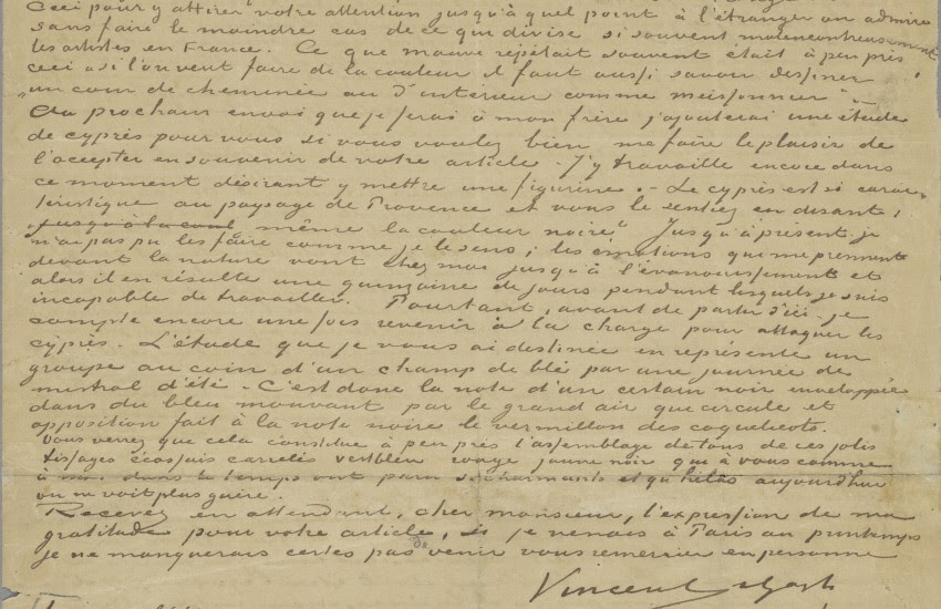 Fotobijschrift: Brief van Vincent van Gogh aan Albert Aurier (detail), 9 of 10 februari 1890. Van Gogh Museum, Amsterdam (schenking dhr. en mevr. Cheung Chung Kiu)