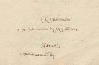 Detail van de herinschrijving van 'Rembrandus' in het Volumen recensionum 1622 (Universiteit Leiden)