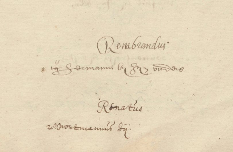 Detail van de herinschrijving van 'Rembrandus' in het Volumen recensionum 1622 (Universiteit Leiden)