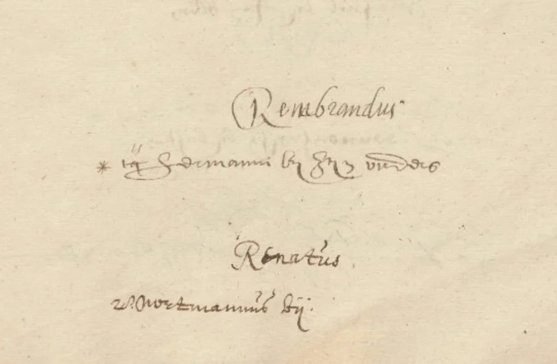 Detail van de herinschrijving van 'Rembrandus' in het Volumen recensionum 1622 (Universiteit Leiden)