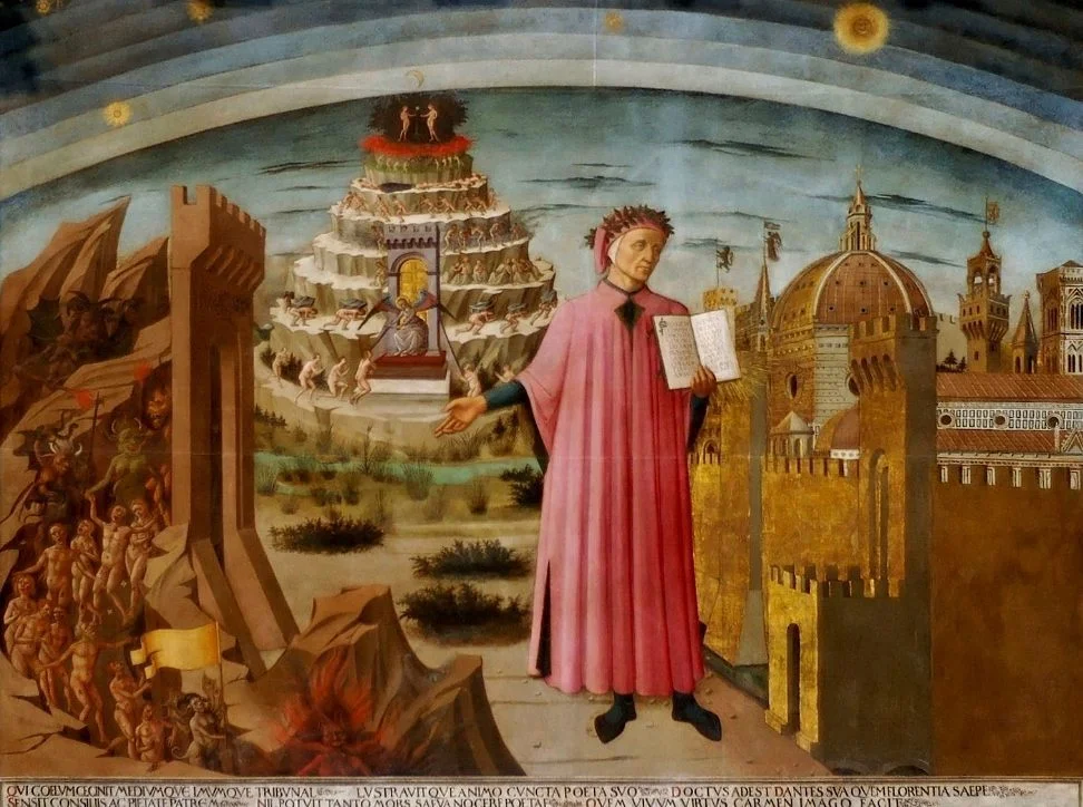Dante met de Divina Commedia in de hand, tempera op doek (1465), Domenico di Michelino, Santa Maria del Fiore, Florence (Publiek Domein - wiki)