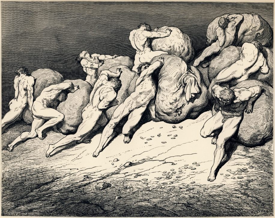 Straf in de vierde kring van de Hel. In de zakken zitten geldstukken - Gustave Doré (Publiek Domein - wiki)