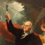 Benjamin Franklin onttrekt elektriciteit aan de lucht door middel van een vlieger. (1816, Benjamin West)