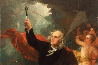 Benjamin Franklin onttrekt elektriciteit aan de lucht door middel van een vlieger. (1816, Benjamin West)