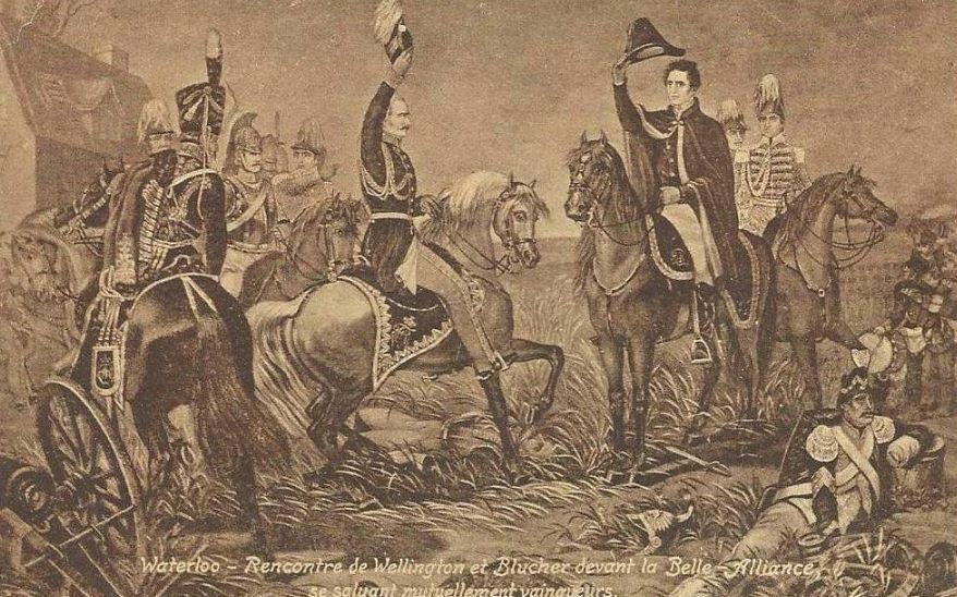 Blücher en Wellington ontmoeten elkaar na de Slag bij Waterloo, vlakbij La Belle Alliance (CC BY-SA 3.0 - Olnnu - wiki)
