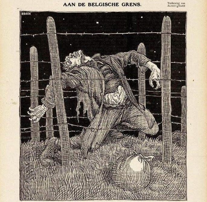 De uitwerking van de ‘Dodendraad’ langs de Belgische grens, geïllustreerd door karikaturist Albert Hahn in ‘De Notenkraker’.