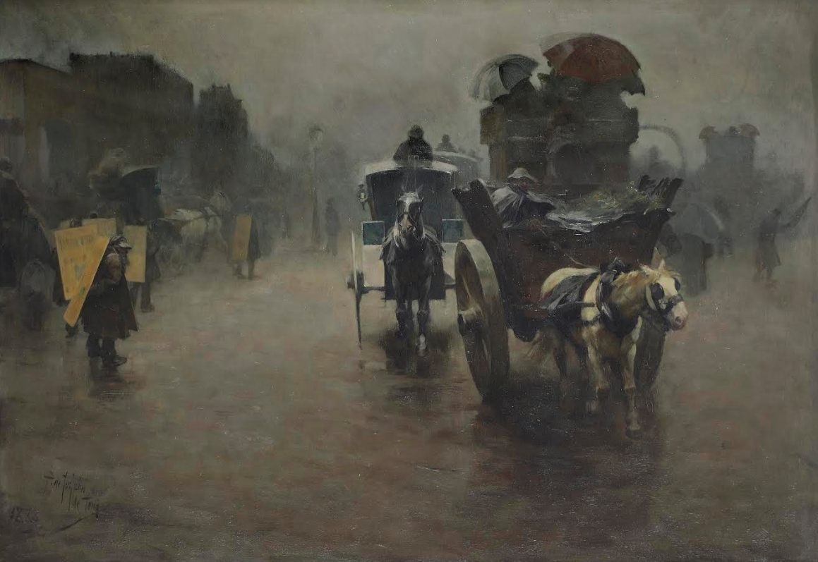 Pieter de Josselin de Jong (Sint-Oedenrode 1861-1906 Amsterdam) - Londen: koetsjes in de mist, 1888 - Olieverf op paneel, 70 x 100 cm (Panorama Mesdag)