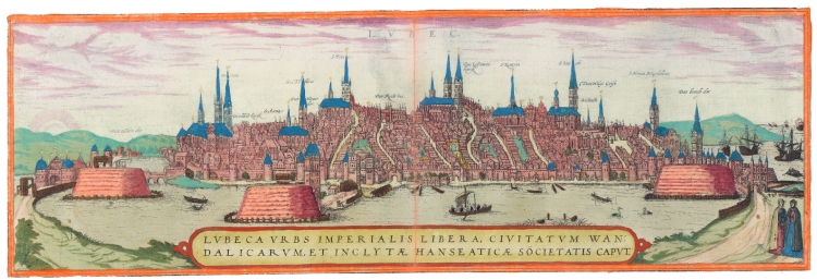 De stad Lübeck, koningin van de Hanze. Georg Braun en Frans Hogenberg, deel 1. Amsterdam, Allard Pierson UvA, otm: hb-kzl xi b 1 (25). Uit: De geschiedenis van Nederland in 100 oude kaarten