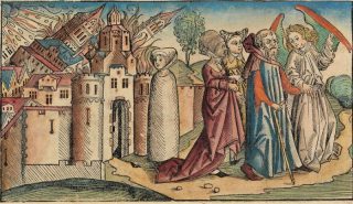 Vernietiging van Sodom - Lot's vrouw is al veranderd in een zoutpilaar - Hartmann Schedel, 1493 (Publiek Domein - wiki)