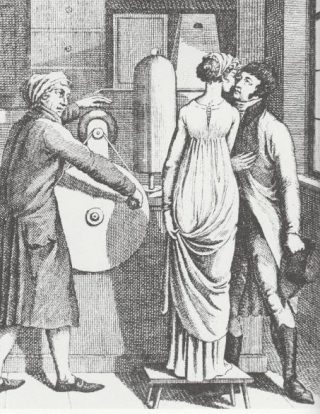 Een kus, die door statische elektriciteit wordt opgewekt, is een schokkende gebeurtenis. (Franse prent, 18e eeuw)
