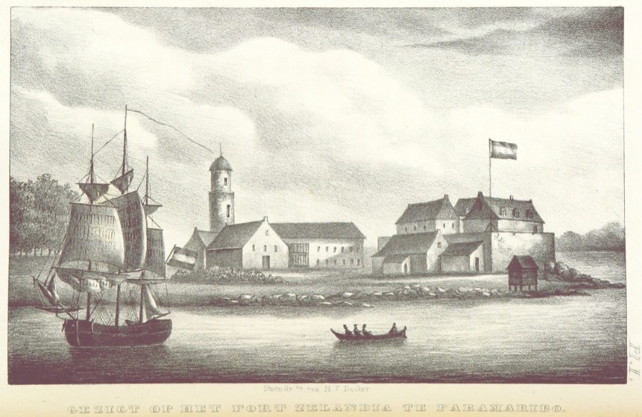 "Gezigt op het fort Zelandia te Paramaribo", 1842 (Publiek Domein - wiki)