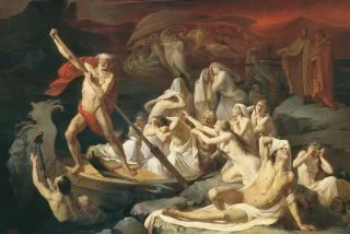 In Charons boot treden - Charon bij de rivier de Styx. Schilderij van Alexander Litovchenko (Publiek Domein - wiki)
