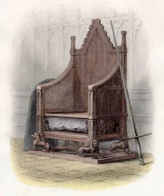 Prent uit de negentiende eeuw van de troon van Eduard I met daarin de Stone of Scone. (Publiek Domein - wiki)