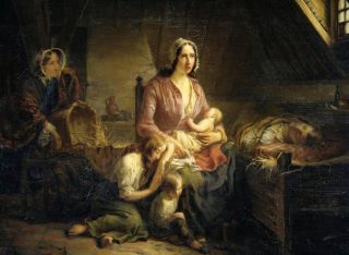 Een rijke dame bezoekt een arm gezin. Gerardus Terlaak, 1853. Rijksmuseum