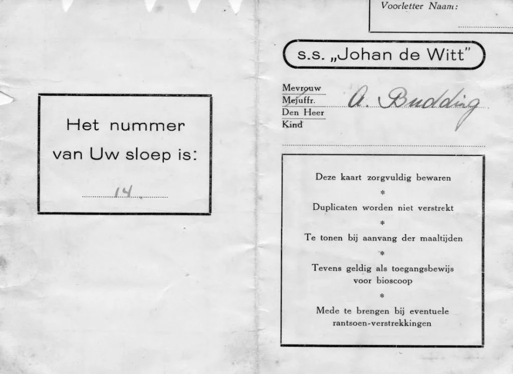 Passagierskaart SS Johan de Witt van Aris (Collectie Janneke Budding)