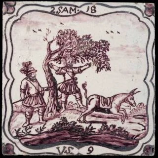De dood van Absalom, afgebeeld op een tegel uit Rotterdam (CC0 - Museum Rotterdam - wiki)