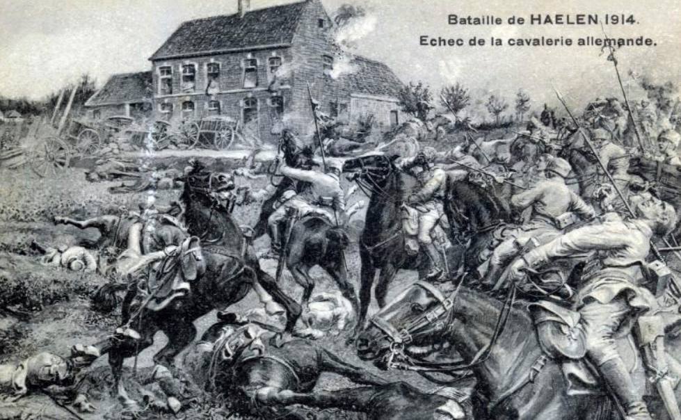 Postkaart waarop de Slag der Zilveren Helmen is verbeeld (Publiek Domein - wiki)