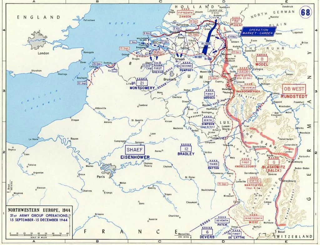 Operatie Market Harden - Kaart met de veranderingen in de frontposities in de tweede helft van september 1944 (Publiek Domein - wiki)