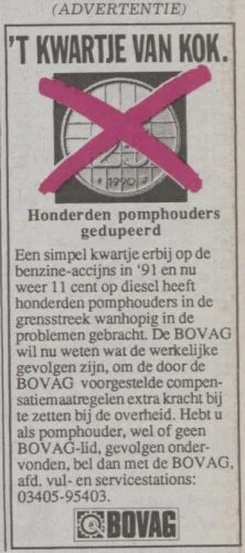 Protest-advertentie van de BOVAG - Limburgsch dagblad, 12-02-1993 (Delpher)