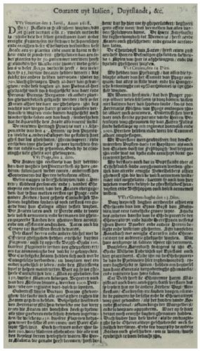 Casper van Hilten, Courante uyt Italien, Duytslandt, &c., 14 juni 1618. Bron: De Krant