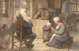 Fragment uit: Krantenlezers in de 17e eeuw. Adriaen van Ostade, Reading the News at the Weavers’ Cottage (c. 1673).