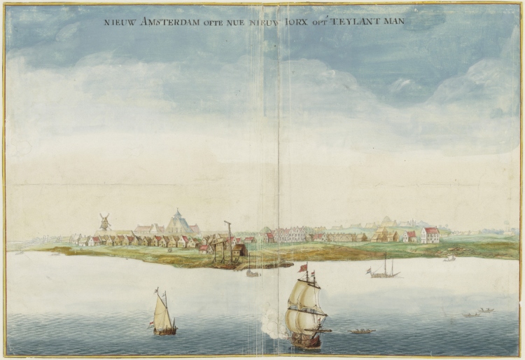 Gezicht op "Nieuw Amsterdam ofte Nue New Iorx opt' t.Eylant Man", omstreeks 1665. cc/publiek domein