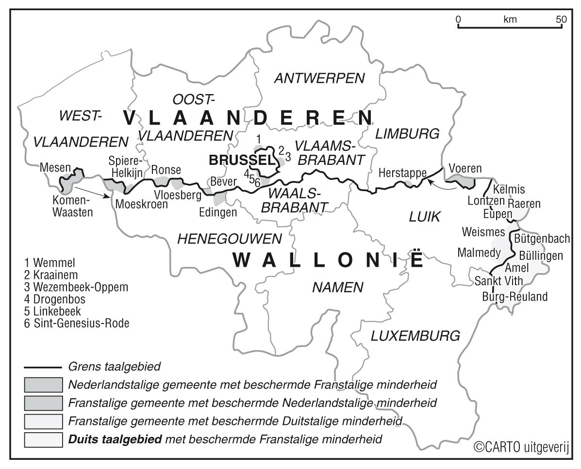 Kaartje met de taalgrenzen in België (CARTO uitgeverij)