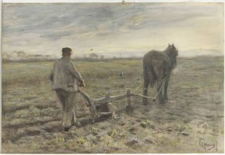 Anton Mauve, Aan de ploeg, circa 1880, waterverf op papier, Singer Laren, legaat Ralph J.A. de Jong-Mellon