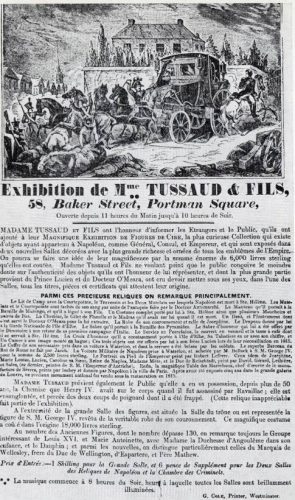 Poster voor de tentoonstelling van Madame Tussaud museum aan Baker Street, 1835 (Publiek Domein - wiki)