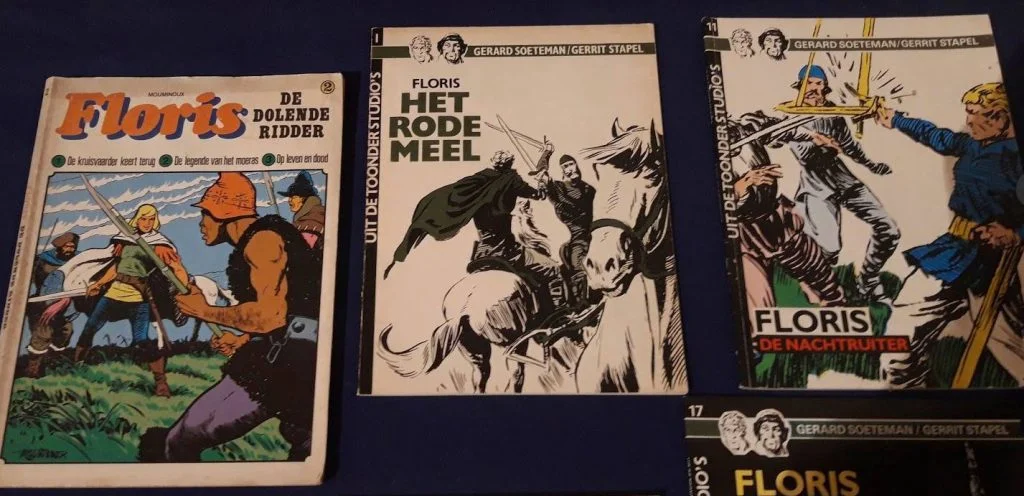 Enkele Floris-stripboeken, te zien op de tentoonstelling in Hoorn (Foto: Historiek)