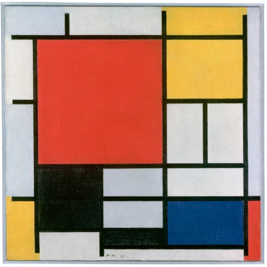 Compositie met groot rood vlak, geel, zwart, grijs en blauw - Piet Mondriaan, 1921 - Gemeentemuseum Den Haag  (Publiek Domein - wiki)