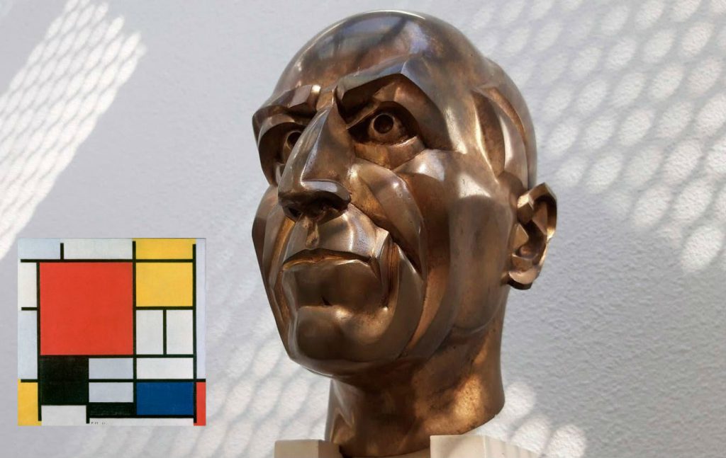 Bronzen buste van Piet Mondriaan te zien in het Mondriaanhuis in Amersfoort - Ferry Hoedeman, 1999 - Inzet: Compositie met groot rood vlak, geel, zwart, grijs en blauw (Foto: Historiek, 2019)