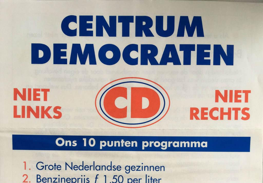 Folder Centrumdemocraten voor de Tweede Kamerverkiezingen, mei 1994. (Bron: Collectie Jan de Vetten)