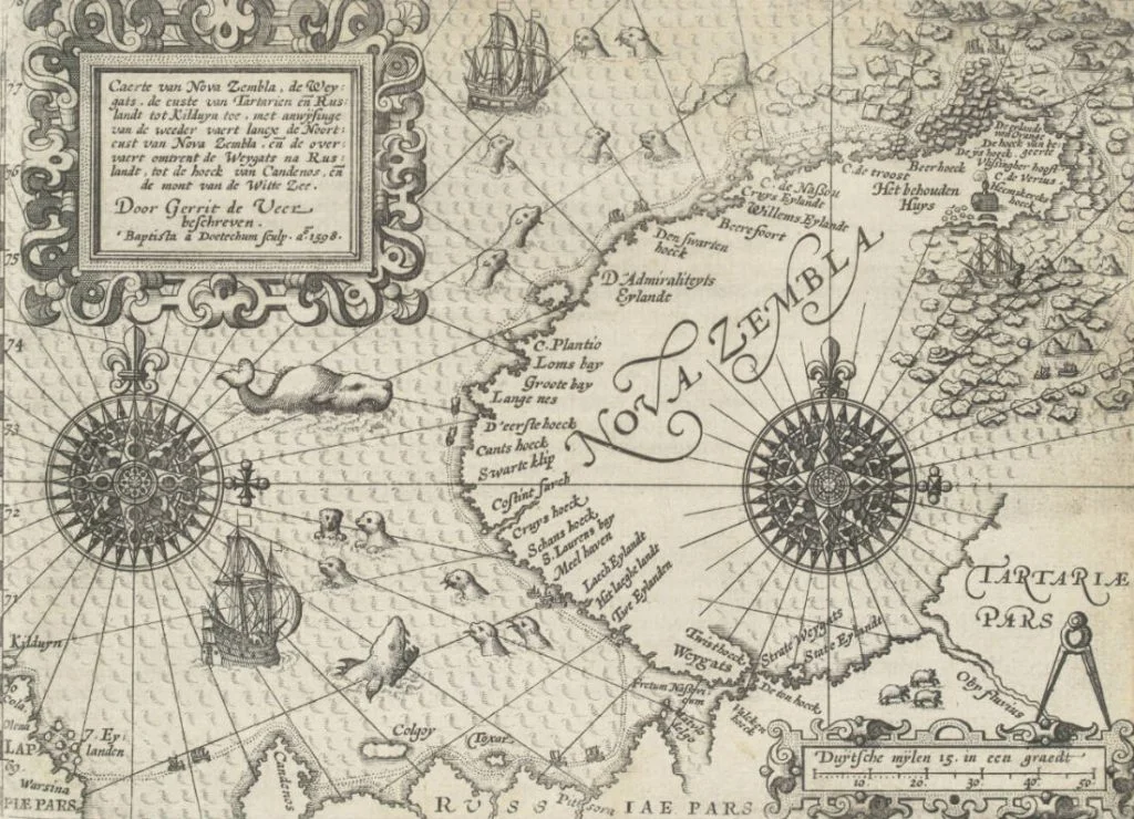 Kaart uit het reisverslag van Gerrit de Veer, met rechtsboven de Heemskerck Hoeck