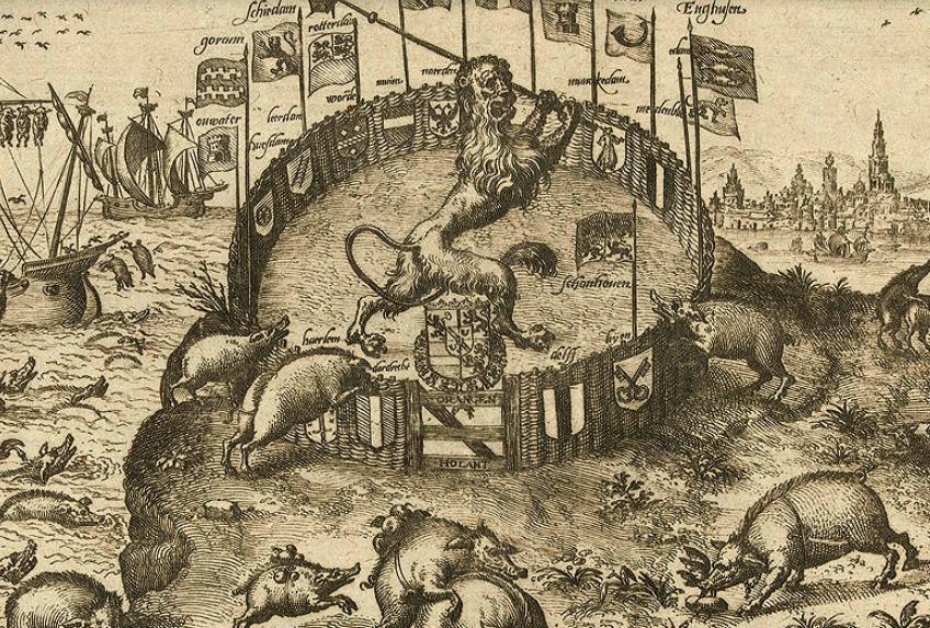 Detail van de tekening 'Houdt op in mijn tuin te wroeten Spaanse varkens!', 1578 - 1582 (Rijksmuseum)