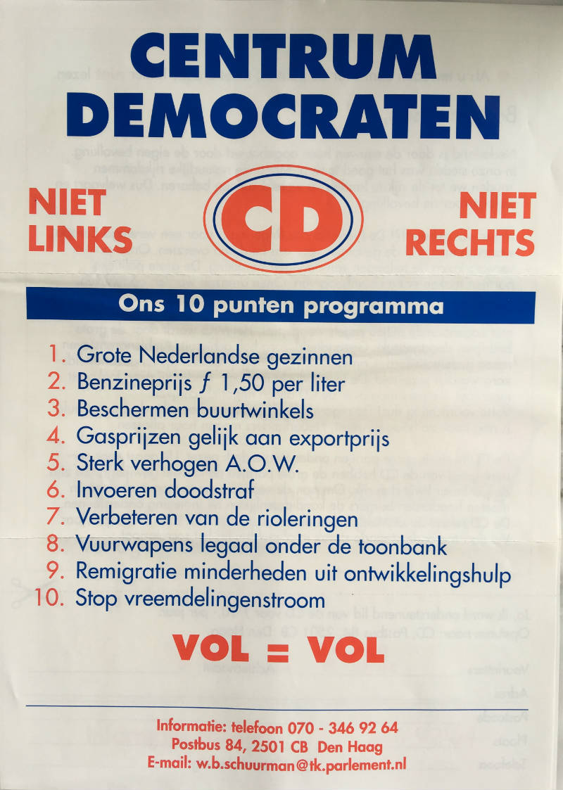 Folder Centrumdemocraten voor de Tweede Kamerverkiezingen, mei 1994.