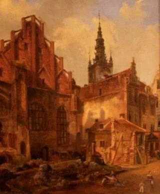 De Artushof in Danzig (Gdansk). | Schildering op karton door Albert Wilhelm Juchanowitz, ca. 1839. Muzeum Narodowe, Gdansk.