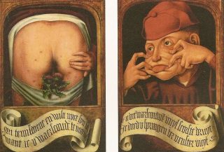Anoniem, ‘Satirische diptiek’, begin 16e eeuw, olieverf op hout, 58,5×44 cm, Luik: Bibliothèque Centrale, inv.nr. 12013