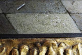 Kaartspelers in een zonovergoten ruimte, 1658, detail met vingerafdruk - Pieter de Hooch