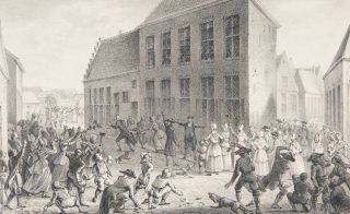 Afbeelding van het IJzerkoekenoproer in Coevorden gemaakt door Hilmar Johannes Backer (1804-1845)