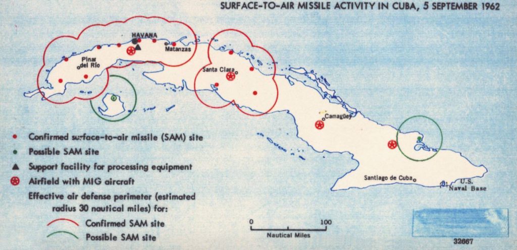 Kaart gemaakt door de Amerikaanse veiligheidsdienst met daarop (mogelijke) raketinstallaties op Cuba, 5 september 1962