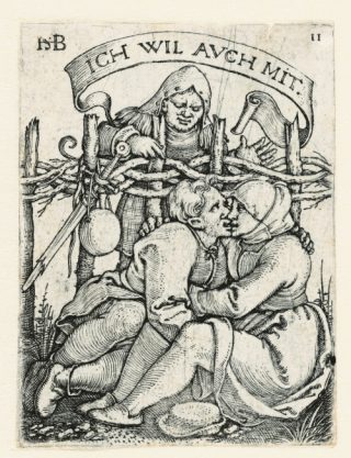 ‘Grab her by the pussy’, geprojecteerd op boeren; de bespiedster wil blijkens de tekstrol ook meedoen; gravure Sebald Beham uit de reeks Boerendans, 1537. Amsterdam, Rijksmuseum, Rijks - prenten kabinet.