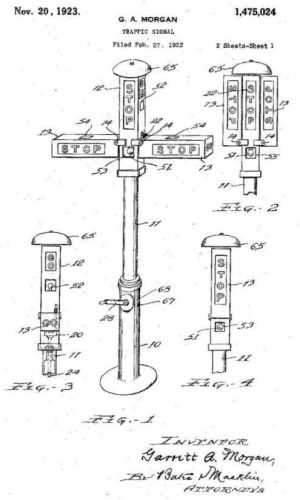 Patenttekening voor het verkeerslicht van Garrett Morgan