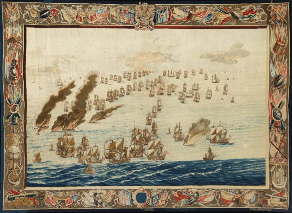 The Burning of the Royal James (Later in the Day), geweven naar een ontwerp van Willem van de Velde de Oude, 4,57 x 3,30 meter, geweven na 1685. (Scheepvaartmuseum Amsterdam)