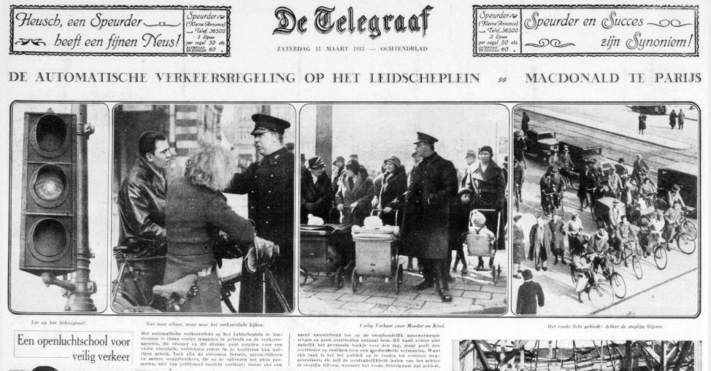 Bericht over automatische verkeersregeling op het Leidscheplein in Amsterdam in de Telegraaf van 11 maart 1933