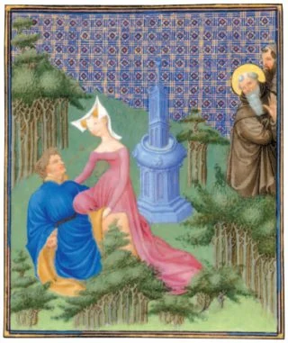 Heidense vrouw tast vastgebonden christen tussen de benen die zijn tong in haar gezicht spuwt; detail miniatuur uit de Belles Heures van de gebroeders Van Limburg voor de  hertog van Berry, begin vijftiende eeuw. New York, Metropolitan Museum. Uit: Oefeningen in genot