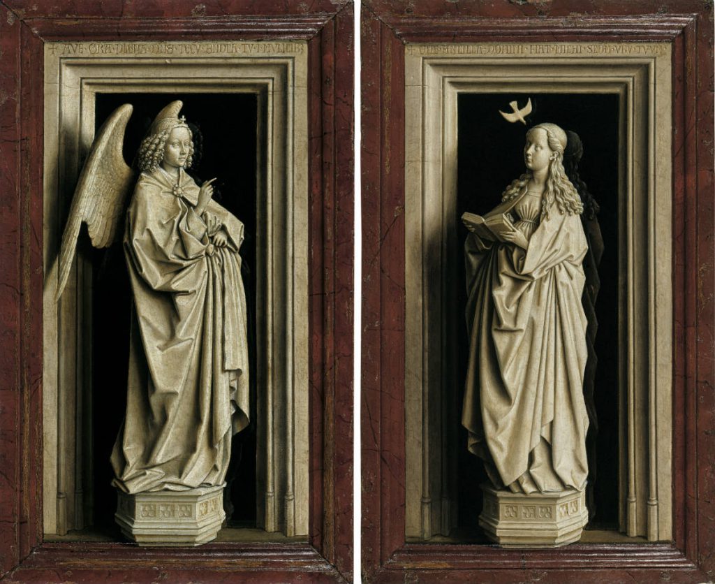 Jan van Eyck (Maaseik?, ca. 1390 - Brugge, 1441)  Annunciatiediptiek: Aartsengel Gabriël (links); De Maagd (rechts), ca. 1435 Olieverf op paneel Linkerpaneel: 38,8 x 23,3 cm  Rechterpaneel: 39 x 24 cm  Museo Nacional Thyssen-Bornemisza, Madrid