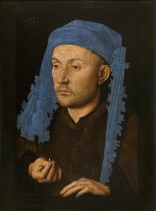 Jan van Eyck (Maaseik?, ca. 1390 - Brugge, 1441)  Portret van een man met blauwe kaproen, ca. 1428−1430 Olieverf op paneel 22 x 17 cm Muzeul National Brukenthal, Sibiu (Roemenië)